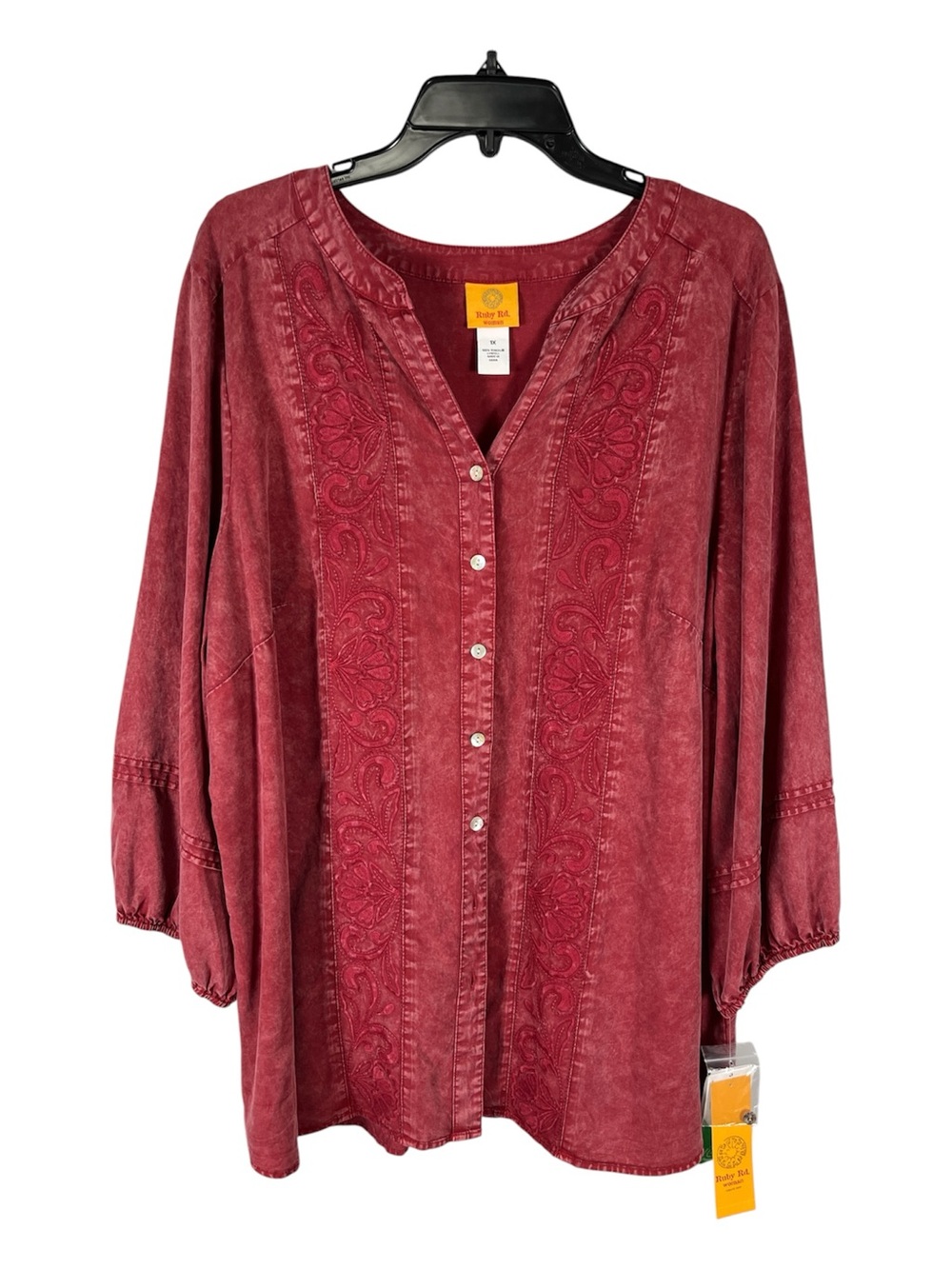 NWT Ruby Rd. Indigo Go Embroidered Boho Tencel Blouse Sangria 1X